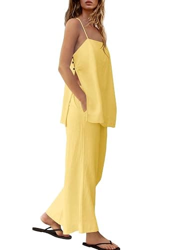 Yanekop Linen Sets for Women 2 Piece Pants Summer Outfits Matching Lounge Sets Spaghetti Strap Tank Top Pants Sets thumbnail 3