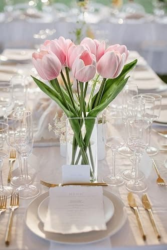 Briful Fake Flowers Artificial Tulip Flower Pink in Clear Vase, Real Touch Foam Tulip Arrangement Suitable for Home Office Decoration, Dining Table Centerpiece thumbnail 2