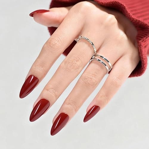 Wine Red Press On Nails Almond - Medium Dard Red Acrylic Nails Press Ons, Glue On Nails for Party Birthday Christmas Gift in 15 Sizes - 30 Fake Nails Kit, Dark Red thumbnail 3