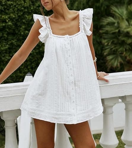 Women Lace Trim Mini Cami Dress Spaghetti Strap Square Neck Short Dress Boho Loose Flowy Backless Babydoll Dresses thumbnail 3