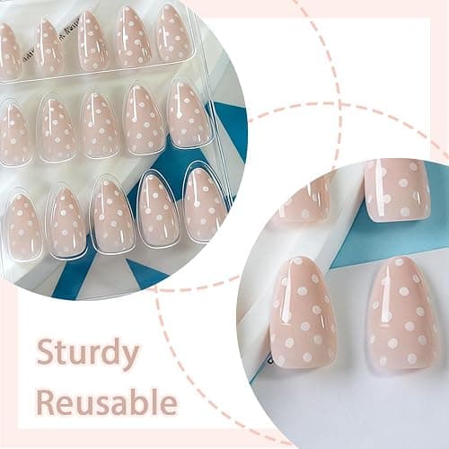 White Polka Dot Press on Nails Almond Fake Nails with Designs Medium Artificial Nails Glossy Cute False Nail Natural Gel Acrylic Glue on Nail Cute Stick on Fingernails for Women Girls 24Pcs thumbnail 5