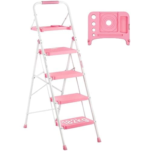 BONTEC 4-Step Ladder, Folding Step Stool, 600lbs Max Load, Pink | Tool Tray, Anti-Slip Pedals, Sturdy Steel, Lightweight Portable Design with Handrail for Home & Work Use - Image 1