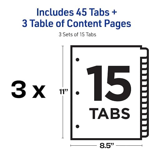 Avery Dividers for 3 Ring Binders, 15 Tabs per Set, Customizable Table of Contents, Multicolor Tabs, Great for Organizing Reports, Projects, and More (3 Sets of 11074) thumbnail 3