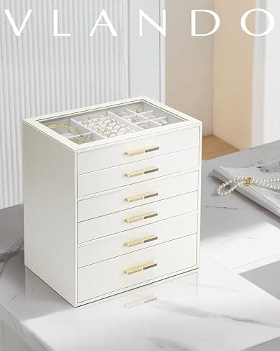 Vlando 6 Layer Jewelry Box for Women, Glass Lid Jewelry Organizer with 6 Drawers for Necklaces Rings Earrings Bracelets - Cloud White thumbnail 7