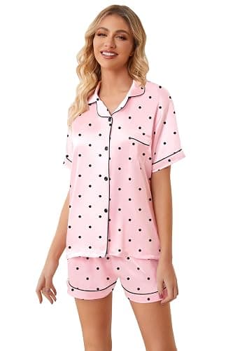 Umeyda Women & Girls Pajamas Set, 2 Piece PJS Satin Silk Sleepwear Button-Down Top with Shorts for Mom Kids Gifts thumbnail 5
