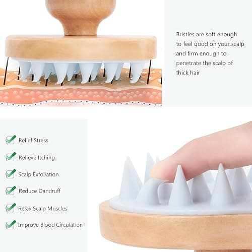 Scalp Massager Shampoo Brush, Wooden Wet and Dry Hair Scalp Care Brush, Shower Brush Scalp Scrubber Exfoliator with Soft Silicone Bristles for Dandruff Removal, Hair Growth (White) thumbnail 7