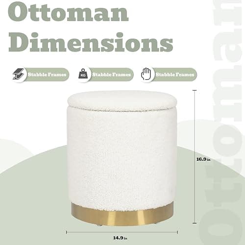 Joveco Boucle Round Ottoman with Storage,Vanity Stool with Storage for Bedroom, Ottoman Coffee Table,Small Boucle Foot Stool for Living Room, White with Gold Plating Base thumbnail 3
