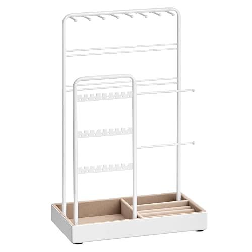 SONGMICS Jewellery Stand, Jewellery Organiser, Jewellery Display Stand with Metal Frame and Velvet Tray, Earring Bracelet Holder, Necklace Stand, for Studs, Rings, Gift Idea, White JJS021W01 - Image 1