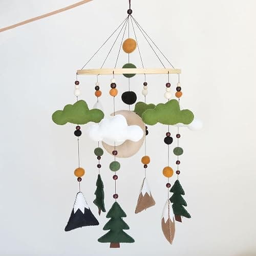 Woodland Baby Mobile for Crib - Felt Forest Nursery Decor for Boys & Girls - Hanging Mountain & Pine Tree Mobile with Moon and Clouds - Nature Theme Bedroom Decorations - Neutral Baby Shower Gift - Image 1