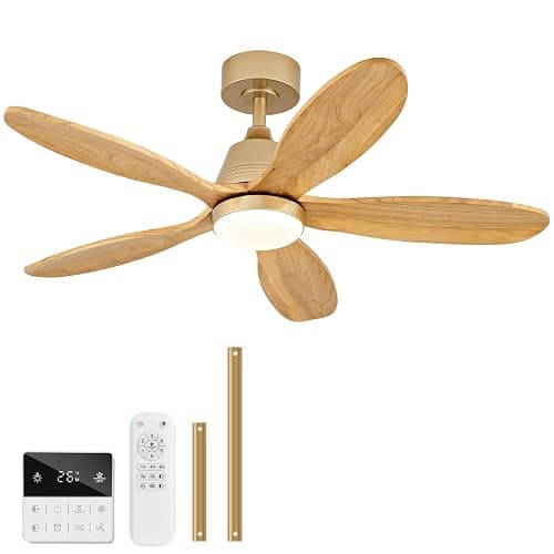 KENSID 42 Inch Wood Ceiling Fans with Lights and Remote, Modern Indoor Outdoor Ceiling Fan with Light for Patio Kitchen Dining Room, Dimmable, 5 Blades, Reversible DC Motor, Memory Function (Gold) - Image 1