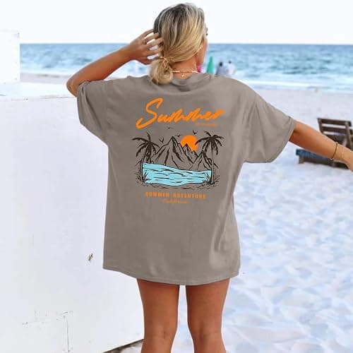 KEEVICI California T Shirt Beach Oversized Graphic Tees for Women Vintage Adventure Shirts Baggy Summer Cotton Vacation Tops thumbnail 3