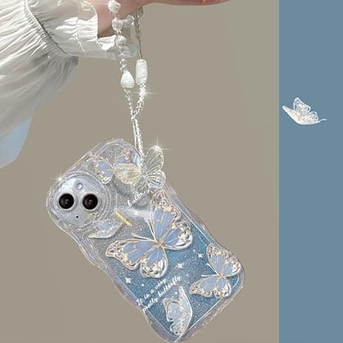 Cutecasee Compatible with iPhone 14 Case for Women/Girls, Cute Butterfly Glitter Bling with Bracelets Anti-Scratch Shockproof Case for iPhone 14, Blue with Bracelets thumbnail 6