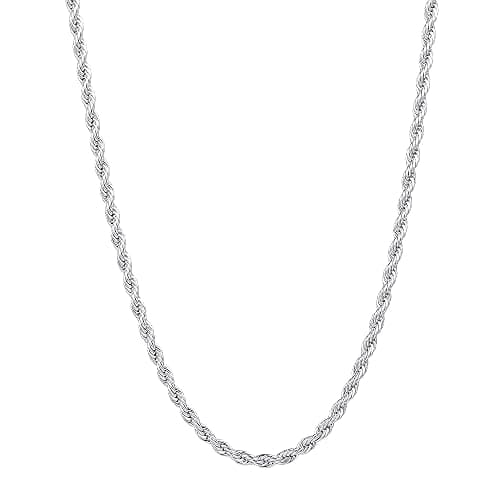 Fiusem 3mm Rope Chain Necklace for Men, Silver Tone Mens Chain Necklace, Stainless Steel Necklace Chain for Men Women, Jewelry Gift - Image 1