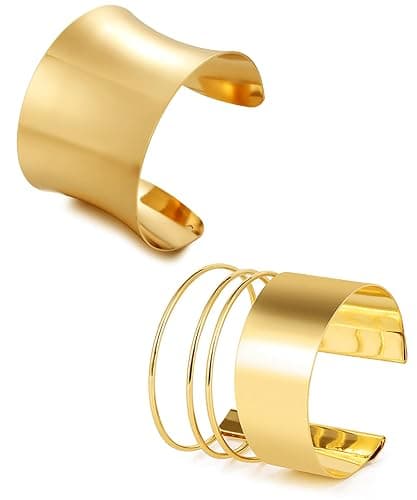 BOMAIL 2Pcs Open Gold Cuff Bangle Bracelet Set for Women | Adjustable Wrist Cuff, 14K Gold Plated,Wide Wire Bangle,Gold Wrist Wrap Cuff Bracelet,Minimalist Jewelry - Image 1