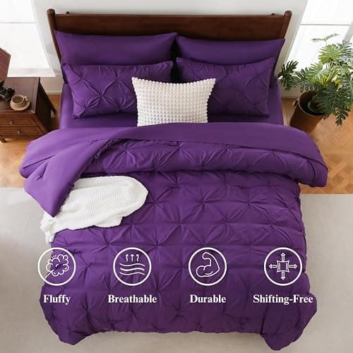 Sheet&Joy Comforter Set Purple - Bed in a Bag Queen Size 7 Pieces, Pintuck Bed Set Gift for Family, Pinch Pleat Comforter with Sheets, Pillowcases & Shams thumbnail 4