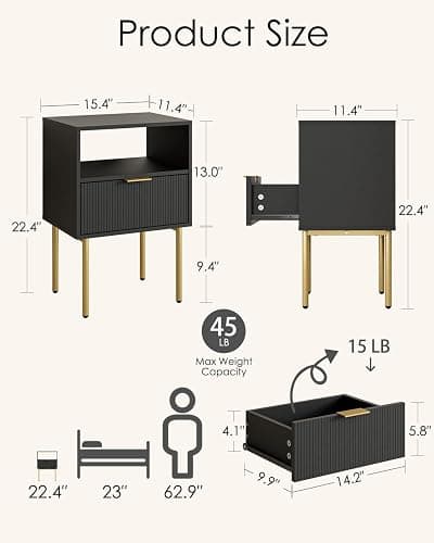 Aienvey Night Stand, Modern Nightstand with Drawers, Bedside Table, Gold Small Side Table for Bedroom, Living Room End Table (1 Drawer, Black Stripe) - Black Stripe - 1 Drawer thumbnail 2