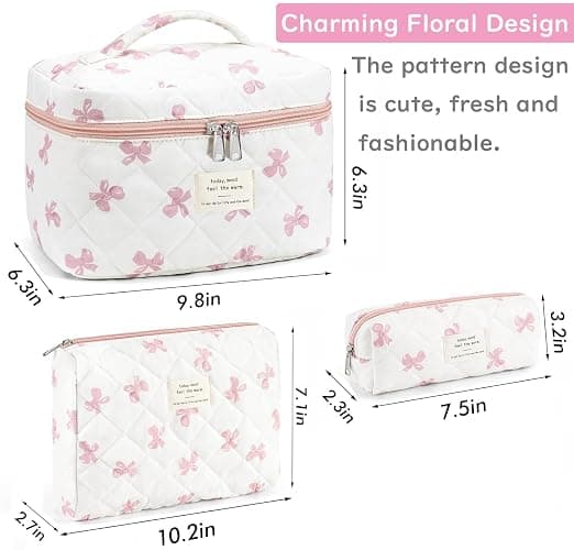 [3 Pack] Makeup Bag for Women Girls, Cute Cosmetic Bag,Travel Make Up Organizer Bag,Large Cotton Quilted Travel Cute Floral Make up Bag,Wide Open Portable Pouch (C-Pink) thumbnail 5