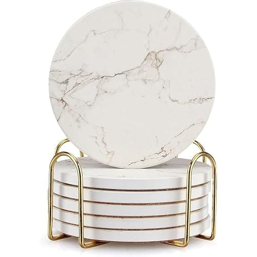 6 Pcs White Marble Coaster Set with Holder Best Absorbent Coasters Drink Coasters Ceramic Bar Coasters Cute Table Coasters Gift Cup Stone Coasters Modern Coasters - Image 1