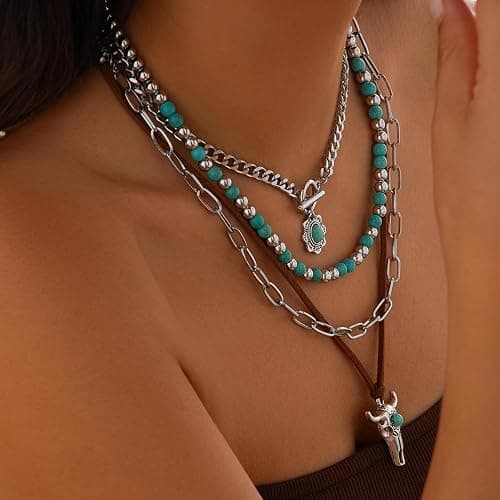 Hclian Western Necklaces Boho Layered Charm Necklace for Women Turquoise Beaded Choker Ox-head Pendant Necklace Western Jewelry for Women Cowgirl Accessories thumbnail 3