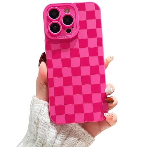 YUMUPIFE Compatible with iPhone 15 Pro Case Cute Checkered Pattern Design for Girls Women, Soft Silicone Shockproof Protective Designed for iPhone 15 Pro Case-Hot Pink - Image 1