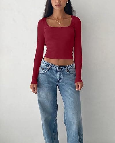 NODHUT Women's Long Sleeve Crop Top Square Neck Going Out Tops Cute Ribbed Knit Bow Knot Lace Patchwork T Shirts thumbnail 7