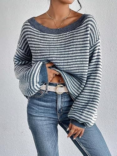 Women's Oversized Striped Sweater Casual Off The Shoulder Sweater Fall Long Sleeve Loose Knit Pullover Jumper Tops thumbnail 3