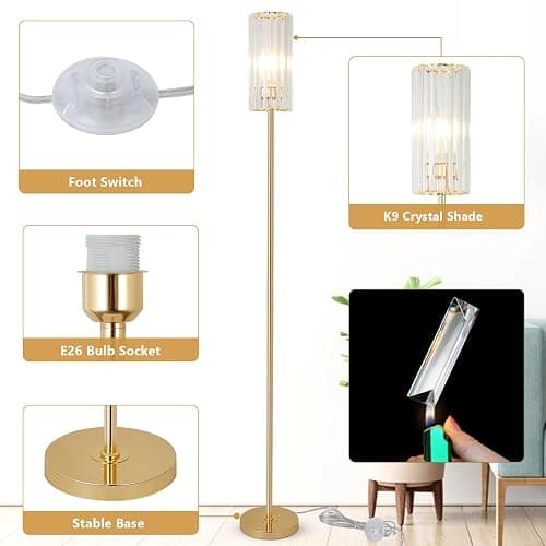 HMVPL Gold Floor Lamp for Living Room, Brass Pole Standing Lamp with K9 Crystal Shade, Modern Corner Standing Lamp for Bedroom with On/Off Switch, Elegant Crystal Tall Lamp for Office Kids Girls Room thumbnail 4
