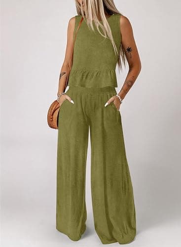 Dokotoo Pants Sets Women 2 Piece Outfits Sleeveless Round Neck Tank Tops Matching Sets for Women Elastic Waist Wide Leg thumbnail 3