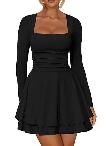 Kaximil Women's Square Neck Ruffle Hem Mini Dress Ruched Waist Long Sleeve Corset Short Party Dresses - Image 1