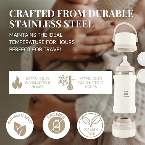 Jili All-in-One Baby Bottle, Insulated Stainless Steel Bottle with Formula Container, Anti-Colic Nipple, and Leak-Proof Lid, Baby Essentials for Travel, BPA and Phthalates-Free, Almond, 8 oz. thumbnail 5