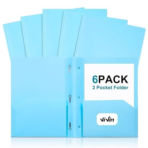 ViVin Sturdy Plastic Folder with Pockets,6 Pack,Heavy Duty Two Pocket 3 Prong Folders,Holds Letter Size Paper,File Folders with Business Card Slot for School Home and Office(Light Blue) - Image 1