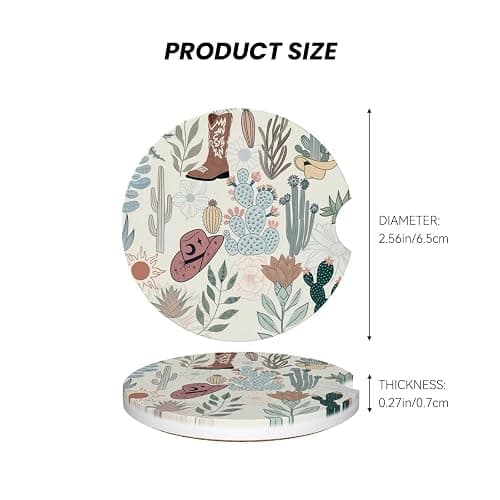 Fcergeo Car Coasters for Cup Holders - (Cottagecore Western Cowboy hat) | (2 Pack) 2.56 Inch Ceramic - Absorbent, Anti-Slip Insert Coasters Car Interior Accessories Unisex for Women & Men thumbnail 2