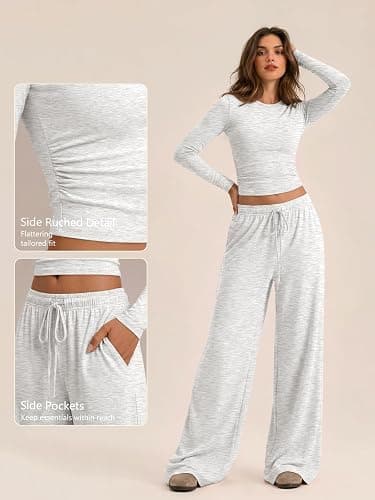 Trendy Queen Women's 2 Piece 2026 Fall Fashion Lounge Set with Pockets | Airport Outfit, Athleisure Workout Set, Fall Wardrobe Staple, Winter Style, Side-Ruched Top, Drawstring Wide-Leg Pants thumbnail 5