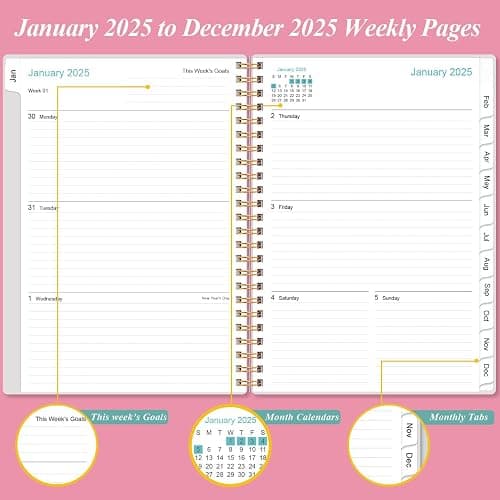2025 Planner - Weekly & Monthly Planner Spiral Bound, Planner 2025 from January 2025 - December 2025 with Monthly Tabs, Inner Pocke, 6.4" x 8.5", Pink - 6.4" x 8.5" - Pink thumbnail 4