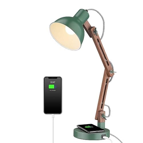 ELYONA LED Desk Lamp with Wireless Charger, Sapele Wood Reading Light with USB C Charging Port, Swing Arm Table Lamp for Home Office, College Dorm, Bedroom Living Room, Bulb Included, Vintage Green - Image 1
