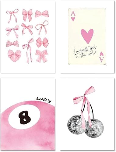 Lidy 4 PCS Pink Bow Disco Cherry and 8 Ball Lucky Aesthetic Decor Poster Wall Art Decor Canvas Poster Gifts for College Girly Preppy Dorm Room Coquette Pink Decor 8x12 inch (20x30cm Unframed) - Image 1