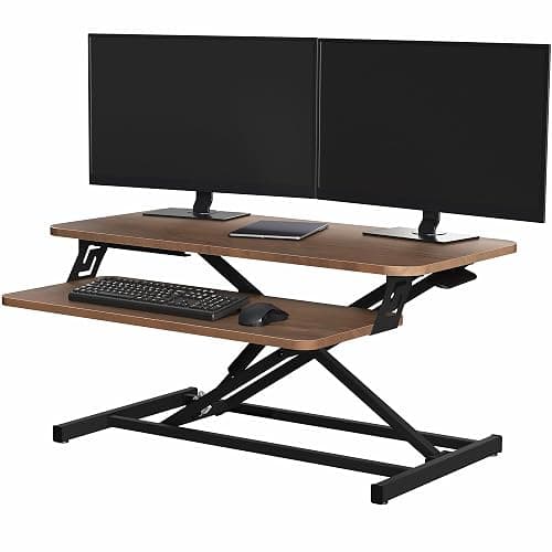 VIVO Height Adjustable 32 inch Stand Up Desk Converter, Quick Sit to Stand Tabletop Dual Monitor Riser Workstation, Dark Walnut Desktop, Black Frame, DESK-V000SD - Image 1