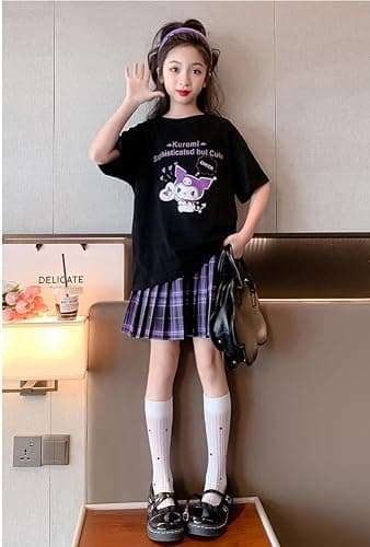 Satdflie Cartoon Girls Jk School Uniform Sets Short Sleeve Crewneck T Shirt and Plaid Pleated Mini Skirt 2 Piece Outfits Set thumbnail 2