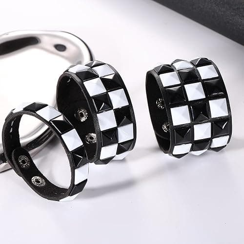 3 Piece Black White Checkered Leather Studded Punk Bracelet, Adjustable Genuine Wristband for Men Women, Gothic Halloween Accessories thumbnail 3