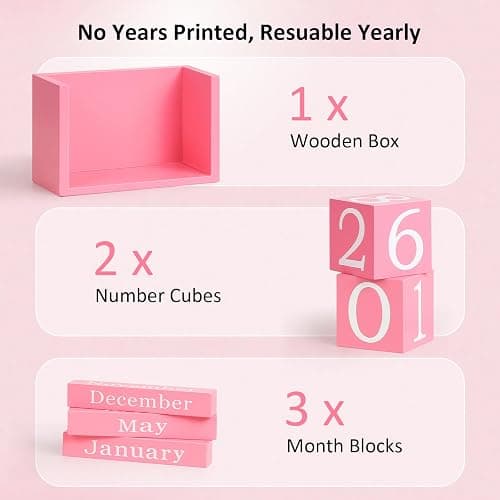 DEERINE Wooden Block Calendar for Desk, Large Size Daily Desktop Perpetual Desk Calendar, Cute Date Display Desk Accessories for Home Office Decor, Teacher, Classroom, Reusable Yearly, Pink thumbnail 4