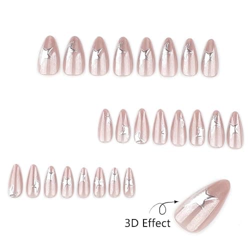 Mivota Medium Press on Nails Almond Cat Eye Nude Fake Nails Glossy Glue On Nails with 3D Silver Star Nail Art Designs, Decorative Thick Reusable Glossy Full Cover Stick on Nails for Women 24Pcs thumbnail 5