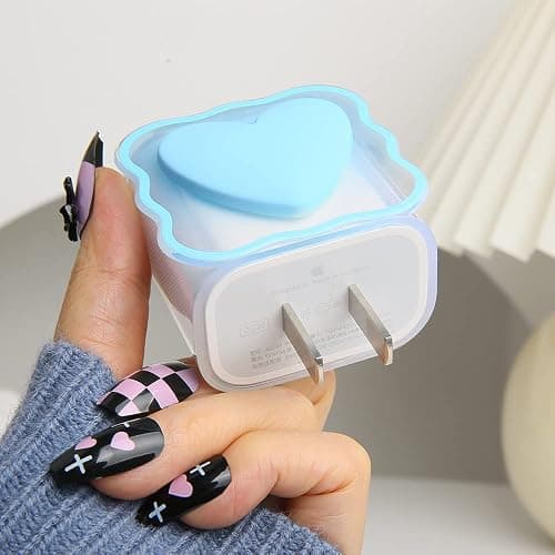 QLD COVER Compatible with iPhone 18W/20W USB-C Charger Cover Lovely 3D Love Heart Waves Clear Soft Charger Protector Cute Cable Saver for iPhone 11 12 13 14 Pro Max Fast Power Adapter, Blue 1 (5in1) thumbnail 5