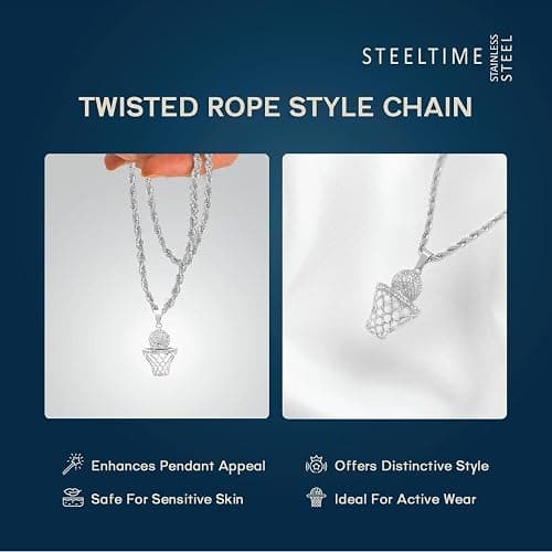 STEELTIME NYC Basketball Necklace - 18K Plated Basketball Chain with Hoop for Men, Women, Teens - Gold, Silver & Black Color Options - Stainless Steel Sports Pendant with Simulated Diamond CZ Stones thumbnail 7