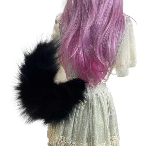Movable Furry Tail Costume Accessories, Real Fur, Halloween Party Cosplay Dress (Black) - Image 1