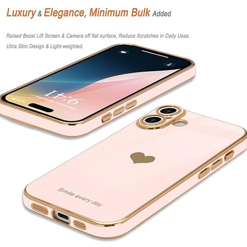 Teageo for iPhone 16 Case with Screen Protector [2 Pack], Light Pink | Girl Women Cute Girly Love-Heart Luxury Gold Soft Cover Camera Protection Shockproof Phone Case for iPhone 16 thumbnail 3