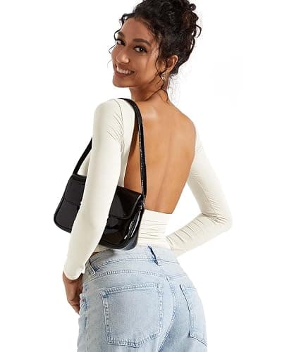 SUUKSESS Women Backless Going Out Tops Double Lined Open Back Basic Long Sleeve thumbnail 6