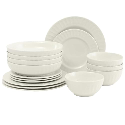 Gibson Home Melbourne White Plates and Bowls Set, 16 Piece Embossed Ceramic Dinnerware Set - Service for 4 Dishes - With Pasta Bowl - Image 1