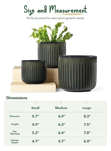 LE TAUCI Fluted Ceramic Planters Set of 3 – 8.3 / 7 / 5.7 in Dark Olive Reactive Cylinder Indoor Plant Pots with Drainage Plug & Mesh, Glossy Stoneware Flower Pots for Succulents Herbs - Reactive Glaze Dark Olive thumbnail 3
