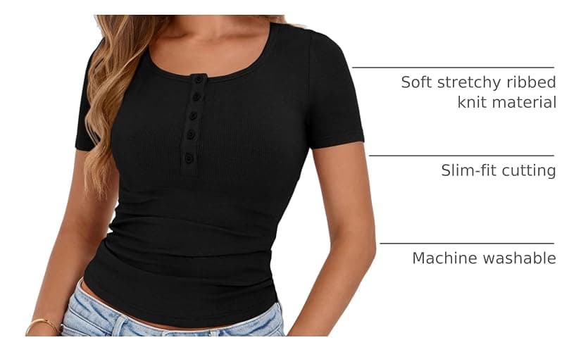 PRETTYGARDEN Women's 2025 Fall Summer Short Sleeve Tops Ribbed Henley Button Slim Fit Basic Casual T Shirts Blouse Clothing thumbnail 4