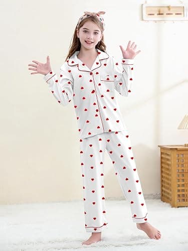 QZH.DUAO Girl & Women's 100% Cotton Pajamas Set Long Sleeve Button Down Sleepwear Nightwear Soft Pjs Sets, 5 Years - L thumbnail 2